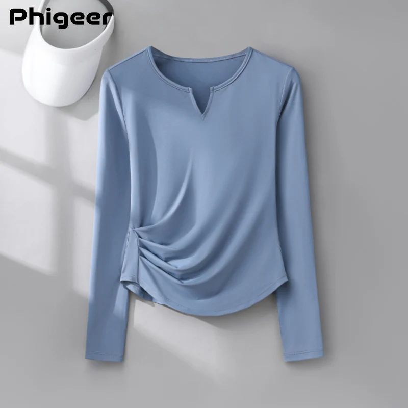 PHIGEER Woman Versatile Slimming Sports Top Gym Yoga Running Ruffled Waist Design Summer Long Sleeve Female T Shirt Fitness Golf