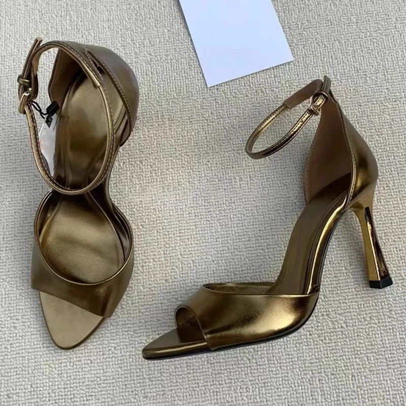 Open Toe Bronzer Gold Sandals Stiletto Heels Classic Shine Leather Cover Heel Ankle Straps Fashion Women Shallow Summer Shoes