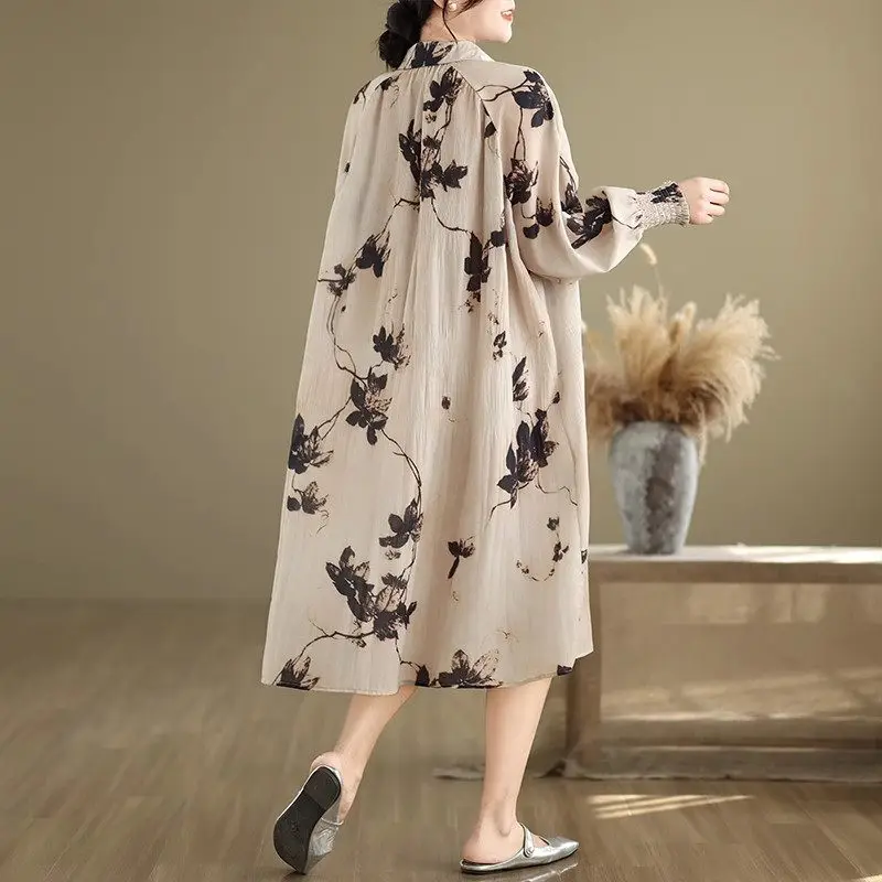 Abito camicia da donna retrò con stampa a inchiostro cinese - Abito primaverile-autunno stile cardigan dalla vestibilità ampia con orlo svasato G179