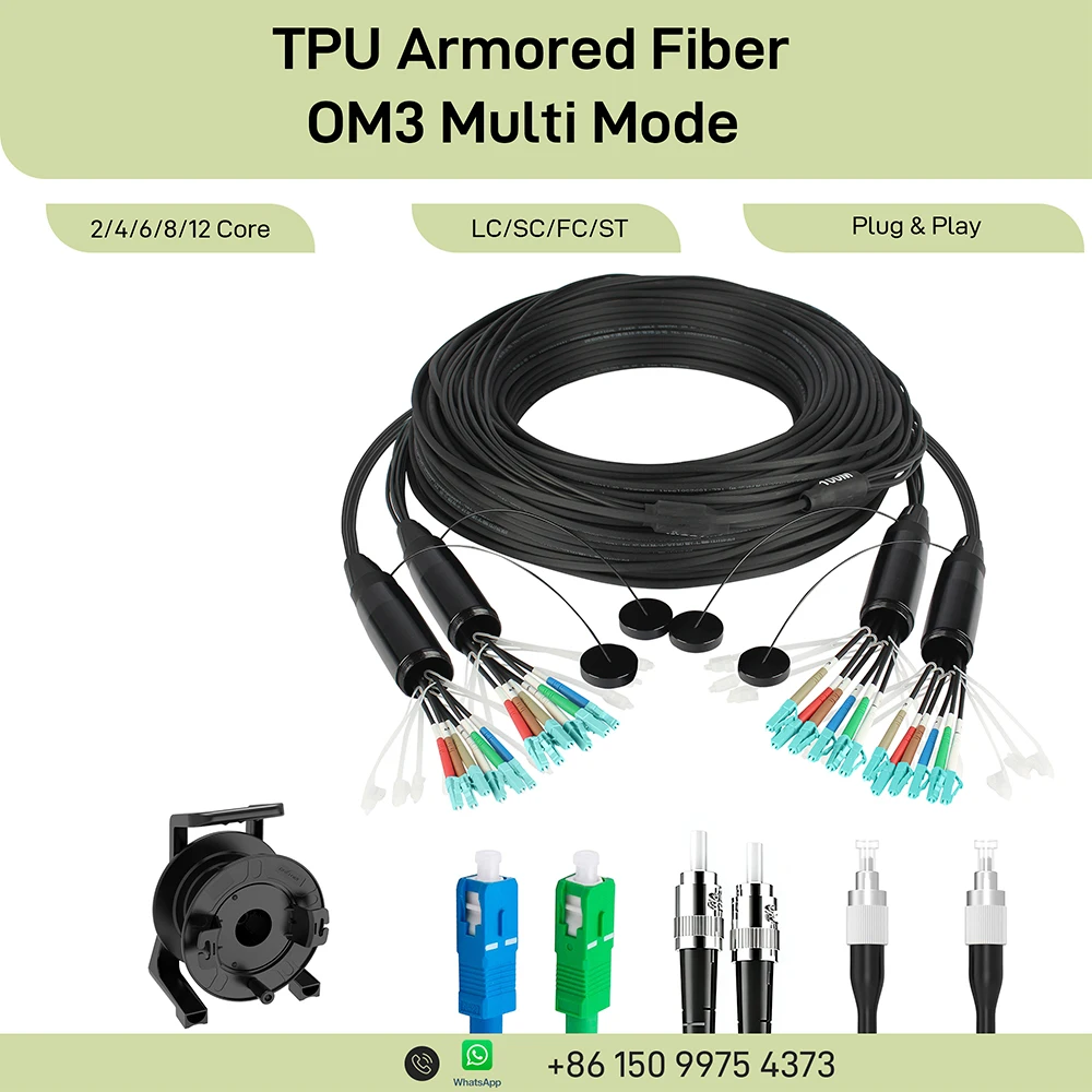 

TPU Armored OM3 Multimode Fiber Optic Cable 2/4/6/8/12 Core LC/SC/FC/ST Industrial Patch Cord Indoor Outdoor