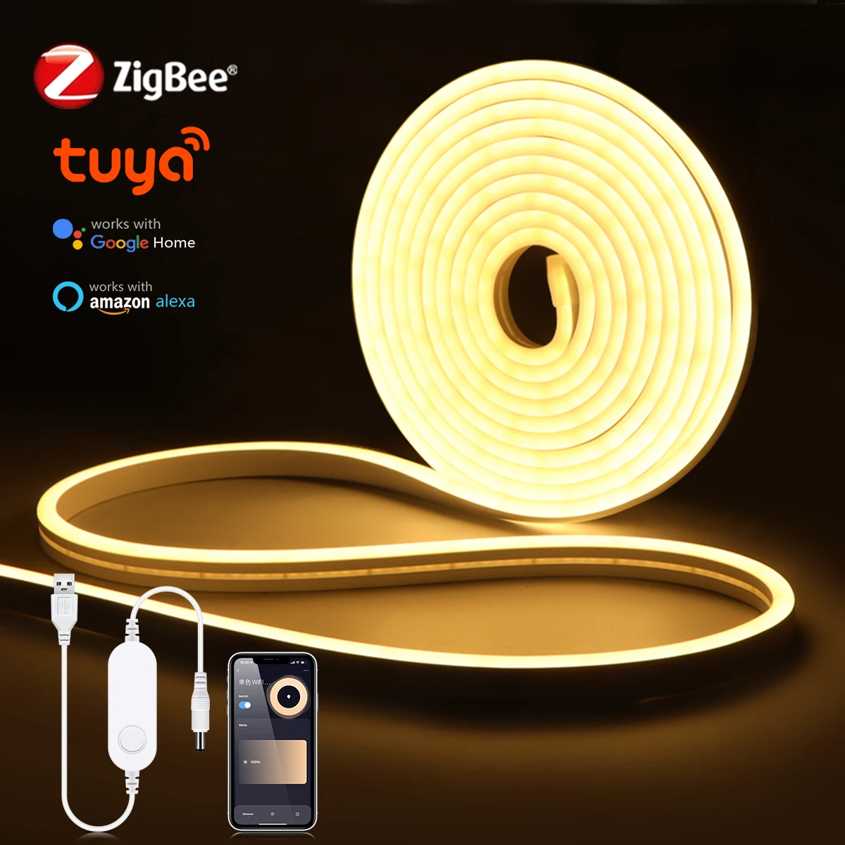 Taśma LED Tuya Zigbee Neon RGB z możliwością przyciemniania 5V USB Ciepła/biała taśma LED z inteligentnym kontrolerem Wi-Fi Ściemniacz LED Lampa