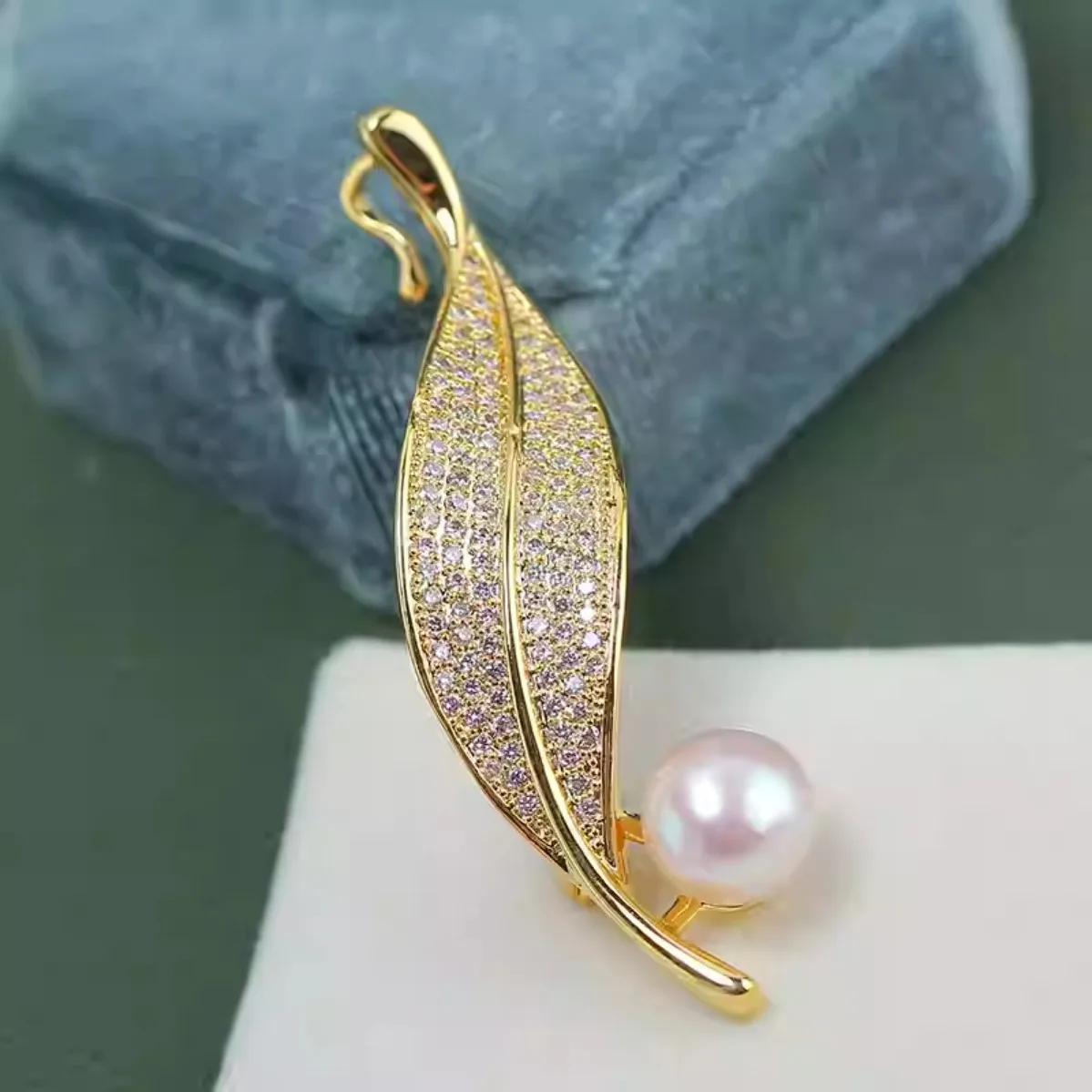 DIY Brooch Blank Brass Gold Plated Leaf, Micro Pave Zircon Base, Pearl Corsage Brooch