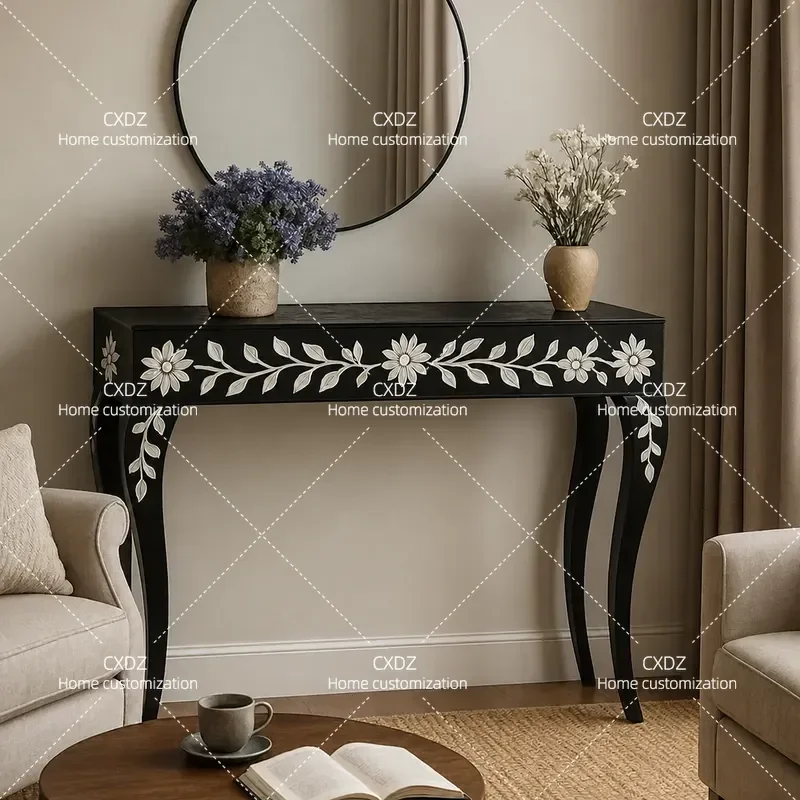 Retro Entrance Table Flower Painted Hall Console Neoclassical Decorative Strip Case Sofa Partition Display Cabinet Furniture