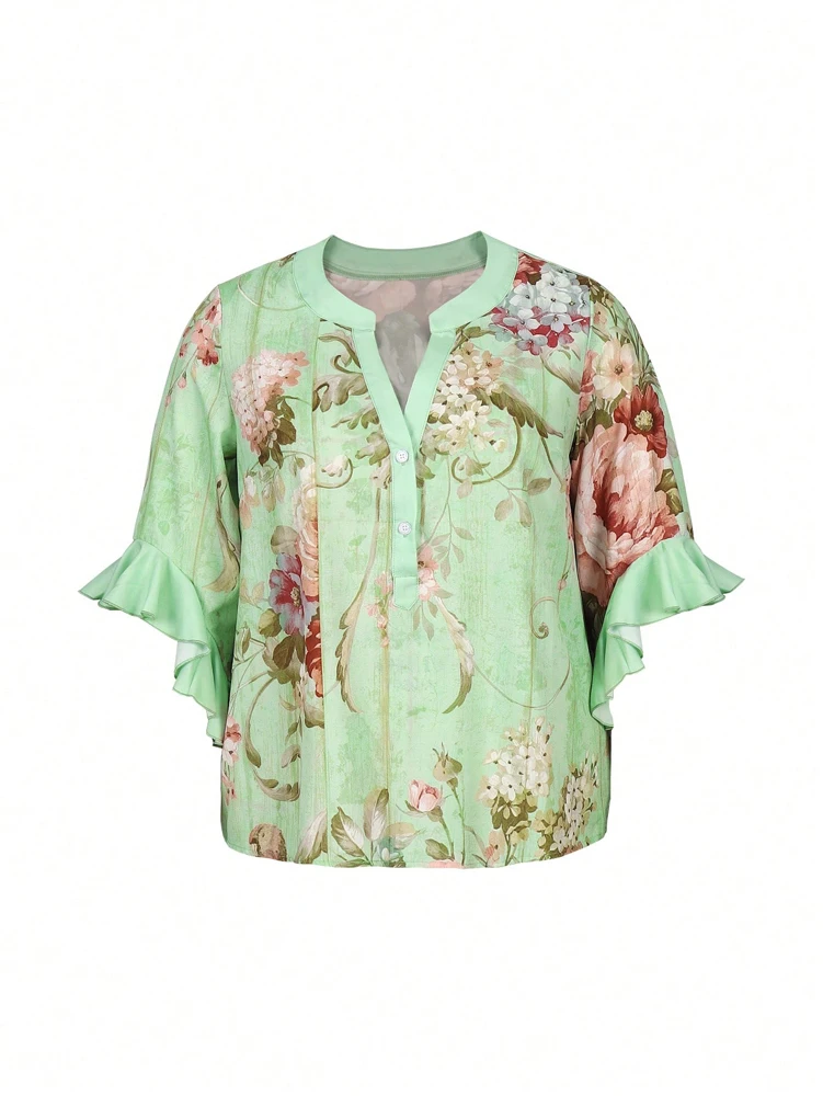 

Женский топ больших размеров с винтажным цветочным принтом, с рюшами на рукавах, с небольшим V-образным вырезом, для ранней осени, повседневная одежда, удобная для путешествий