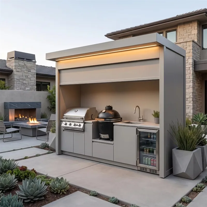 Fireproof Roller Shutter Outdoor Kitchen, Custom 304 Stainless Steel Grill Shed For Garden Use
