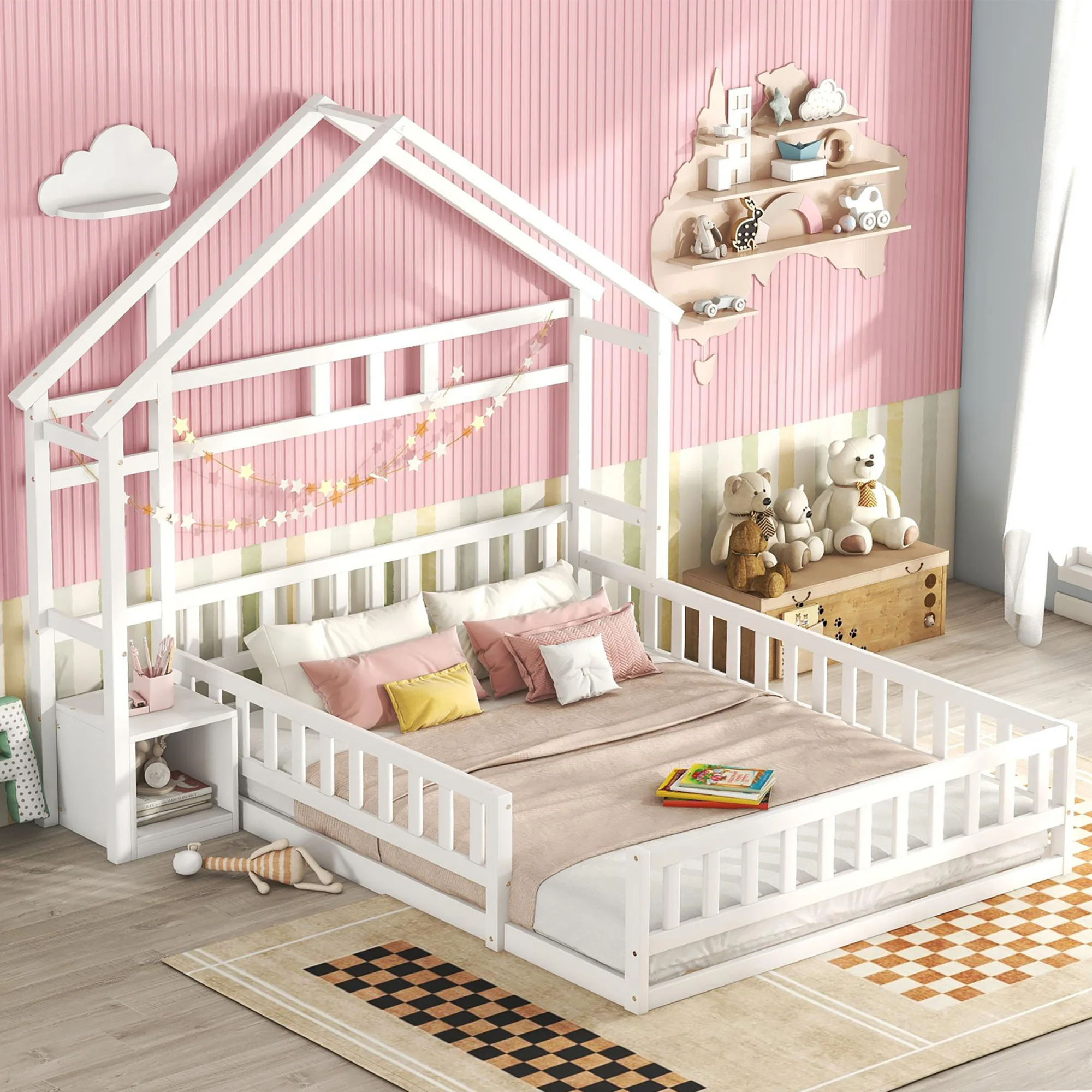 140x200cm Bed for Children, Flat Bed, House Bed with Railing, Cots with Bedside Tables