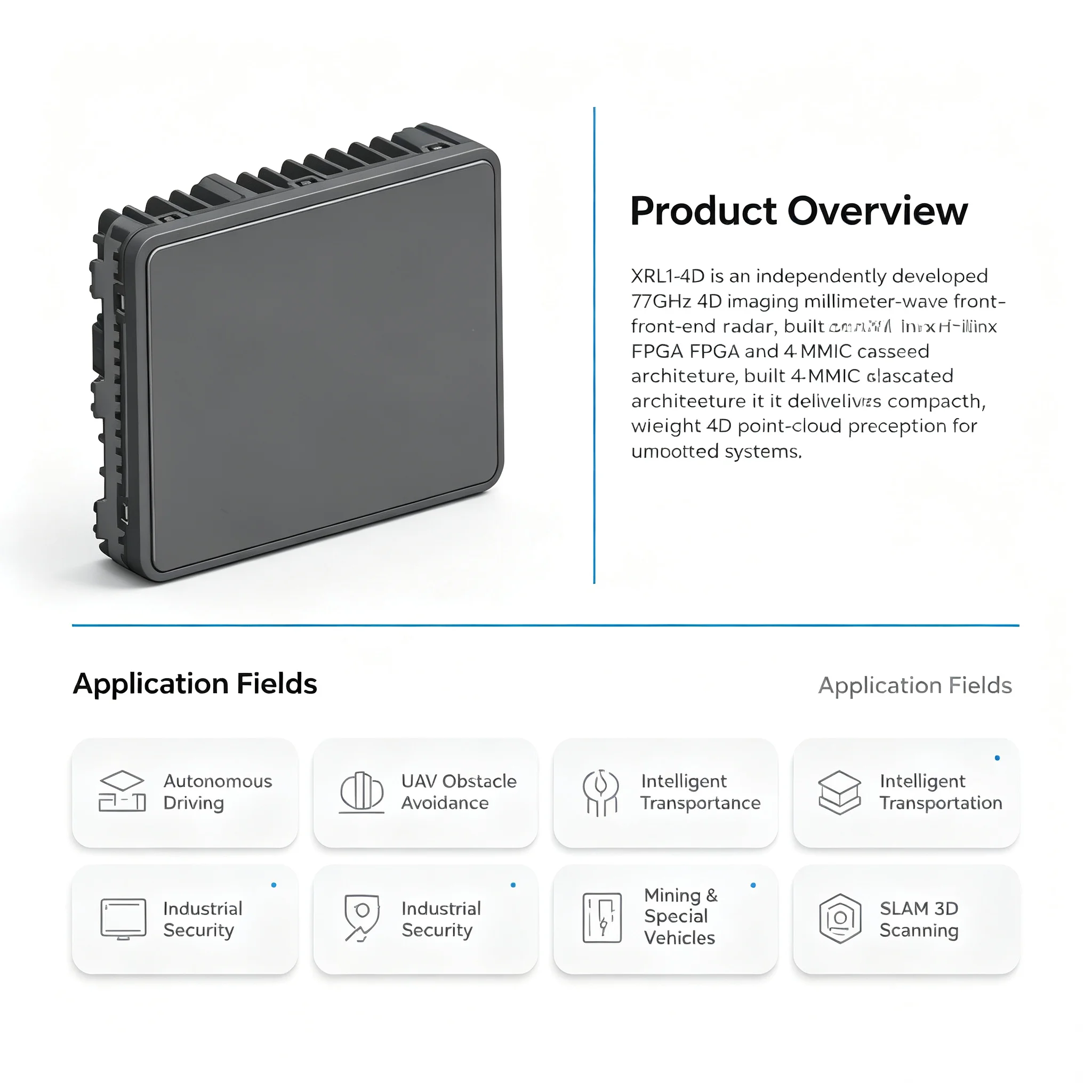 XRL 1 77GHz 4D Imaging Millimeter Wave Radar for UAV Long Range Obstacle Avoidance 350m 12T16R MIMO All-Weather Condition