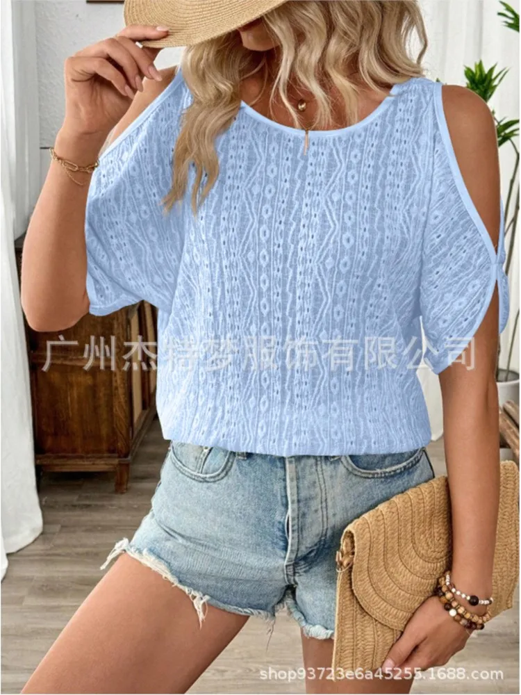 Simple Women's Fashion Shirt 2026 Spring And Summer New Off-shoulder Hollow Bat Short-sleeved T-shirt Tops Women's Casual Shirt