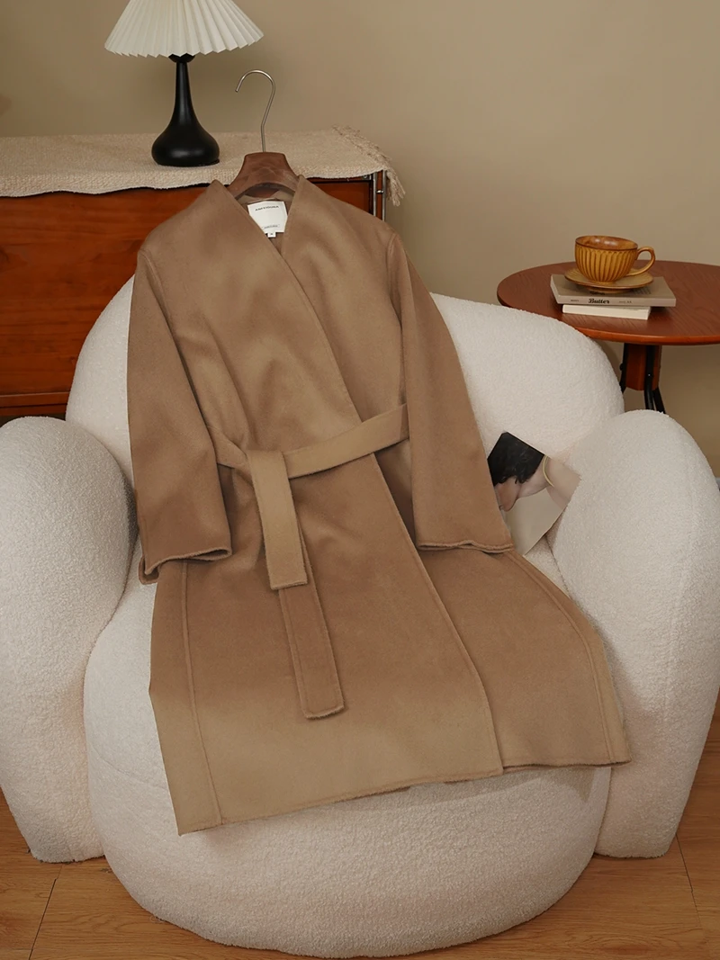 High-end feminino de lã dupla face camere batobe sle casaco alta nce sensação lã de seda outerwear inverno