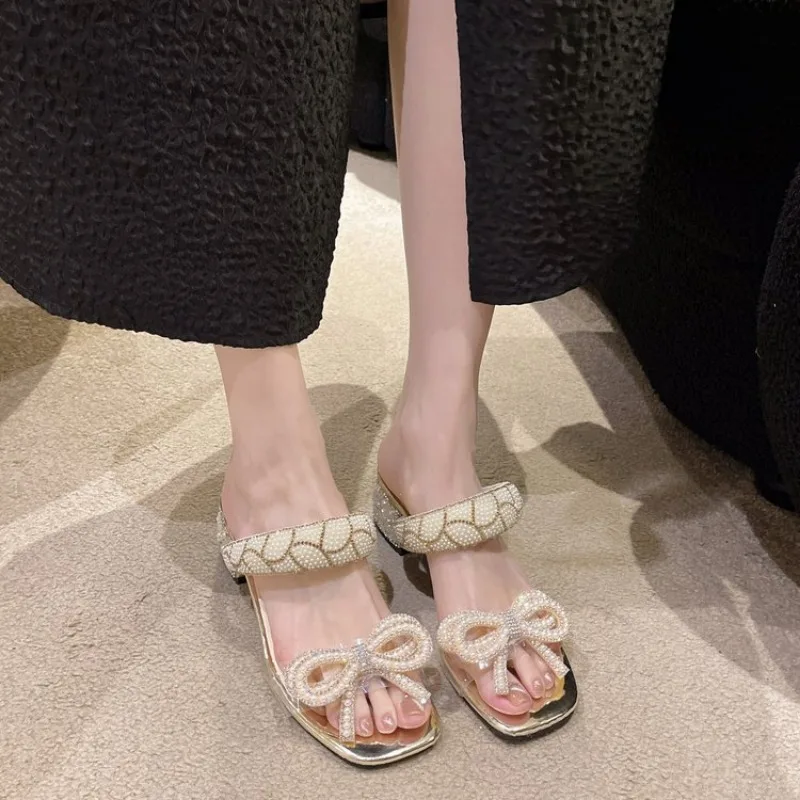 2024 New Fashion Summer Shoes Women Daily Party Club Pearls Beaded Rhinestone Bowknot Design Chunky Heel Sandals Sandalias Mujer