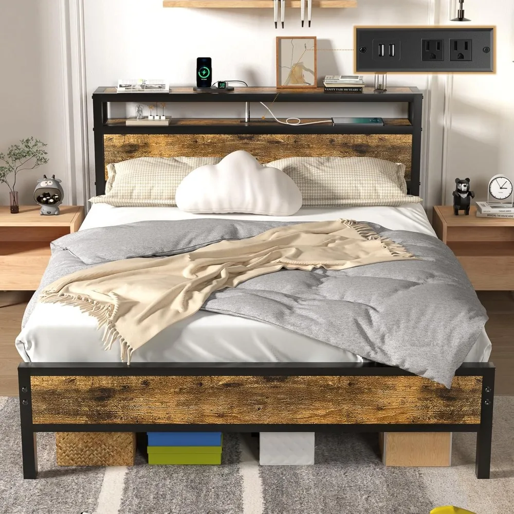 

Queen Bed Frame, 2-Tier Storage Headboard, Charging Station, Sturdy Heavy Duty Steel, Industrial Style Metal Platform Bed Frame