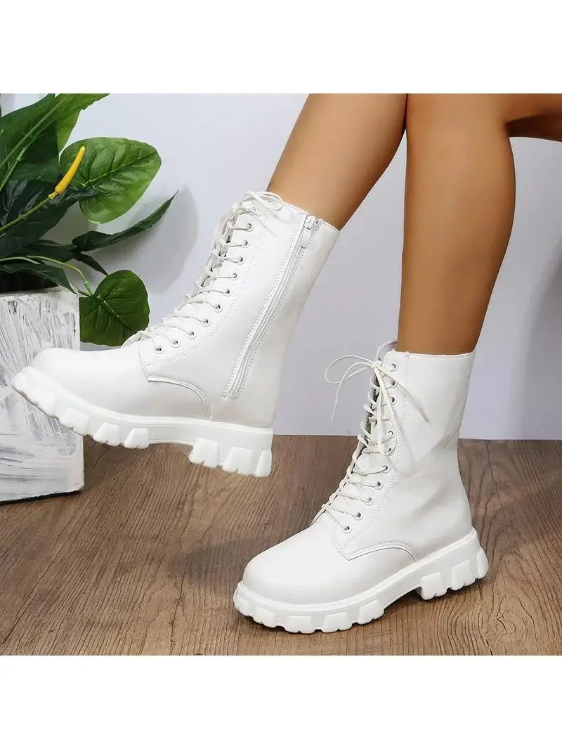2025 bottes femmes automne hiver en cuir PU blanc bottines moto femme talons épais plate-forme bottes
