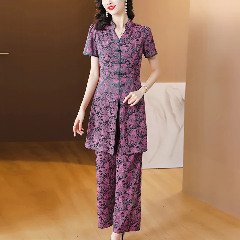 2023 Summer New Short sleeved Pink Silk Print Retro Two Piece Qipao Top Pants Set Women's Mom's Chinese Style Slimming Set