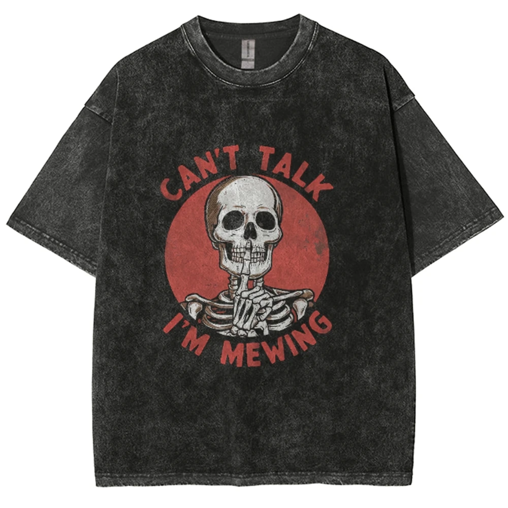 Vintage Graphic T-Shirts - Men's Short Sleeve Washed Shirt, Funny Skull Skeleton Cant Talk I'm MeWing Gothic Trendy Stylish Tee