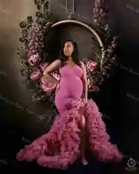 Batas de maternidad de sirena rosa para mujeres embarazadas, vestidos de tul con volantes escalonados para fotos, vestidos personalizados hasta el suelo para Baby Shower