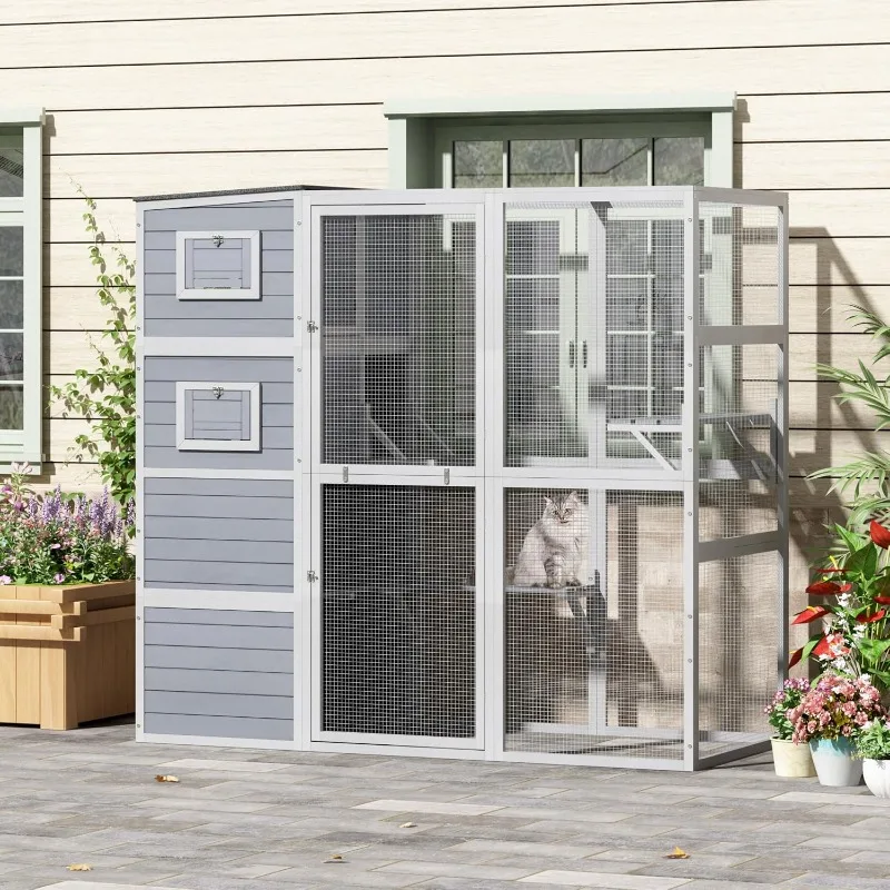

Large Wood Cat Catio, Outdoor Cat Enclosure with Weatherproof Roof, 2 Resting Rooms, 2 Platforms, 4-Tier Cat Playpen, Grey