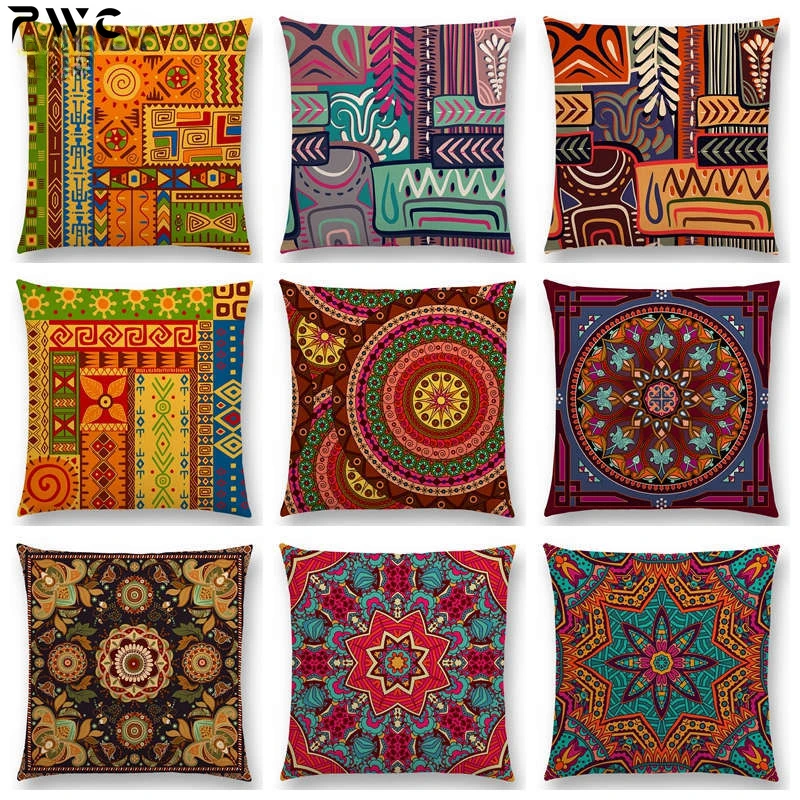 Hot Sale Bestselling African Animal Symbol Block Bohemian Geometric Floral Design Paisley Carnival Mandela Sofa Cushion 45*45cm