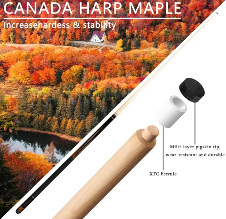 For High Quality Maple Wood Pool Cue Stick Stainless Steel Joint 2-Piece 20 oz 58'' Low Deflection Handmade Inlay 12.5mm Tip