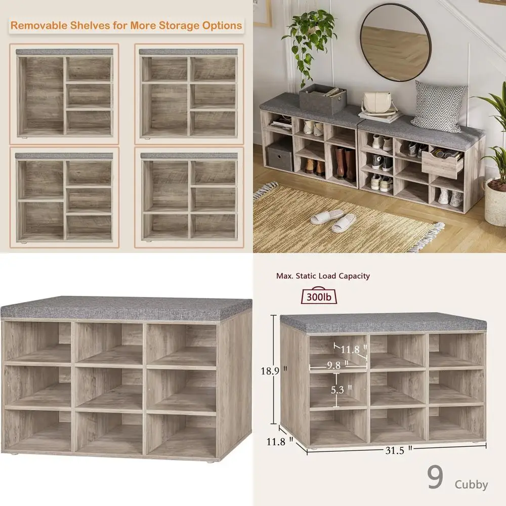 9-Cubby Shoe Organizer Bench with Cushion, Adjustable Storage for Entryway, Living Room, Mudroom, Hallway - Greige