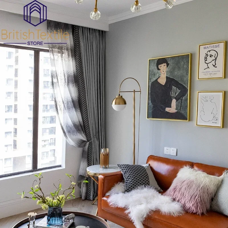 New American Light Luxury Jacquard Lace Stitching Thickened Blackout Curtains For Living Room And Bedroom Customized Products