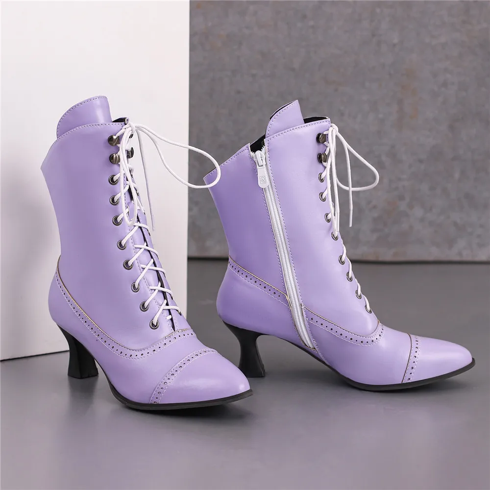 Women’s Steampunk Victorian Ankle Boots – Lace-Up High Heels, Pointed Toe, Thick Sole Short Boots 35