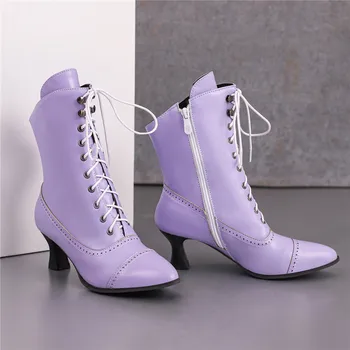 Women’s Steampunk Victorian Ankle Boots – Lace-Up High Heels, Pointed Toe, Thick Sole Short Boots 35