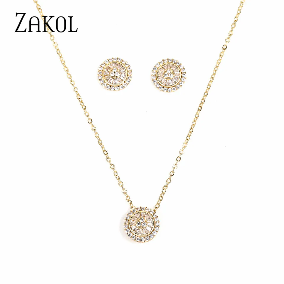 ZAKOL Korean Circular Micropaved Zircon Necklace Earrings Set For Women Gold Color Wedding Trend Eternity Jewelry Wholesale