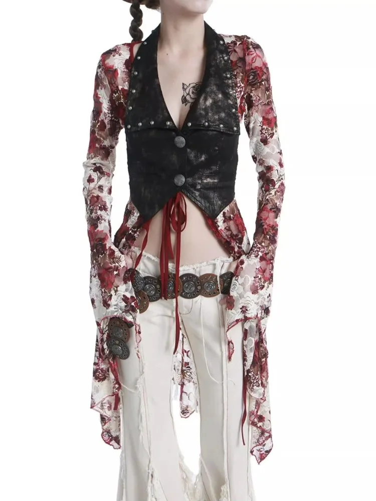Vintage Gothic Flower Tie Dye Lace Shirts Women Y2k Sexy V-neck Slim Fit Up Blouses 2024 New Long Sleeve Cardigan Tops