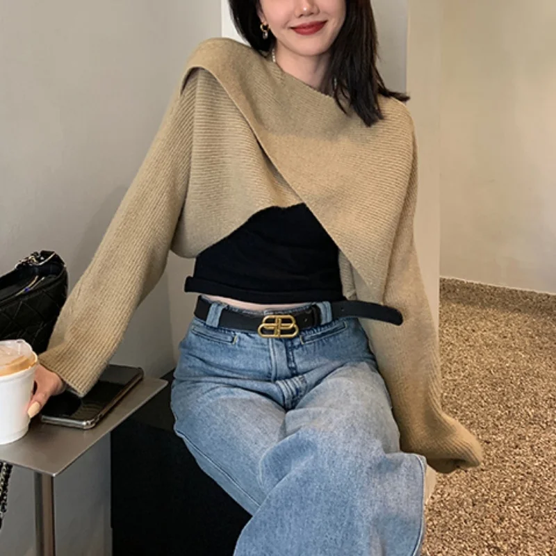 Spring Knitted Cropped Cross Irregular Streetwear Sweater Y2K Tops Women Sweater Autumn Long Sleeve Pullovers Sweater Pull 22933