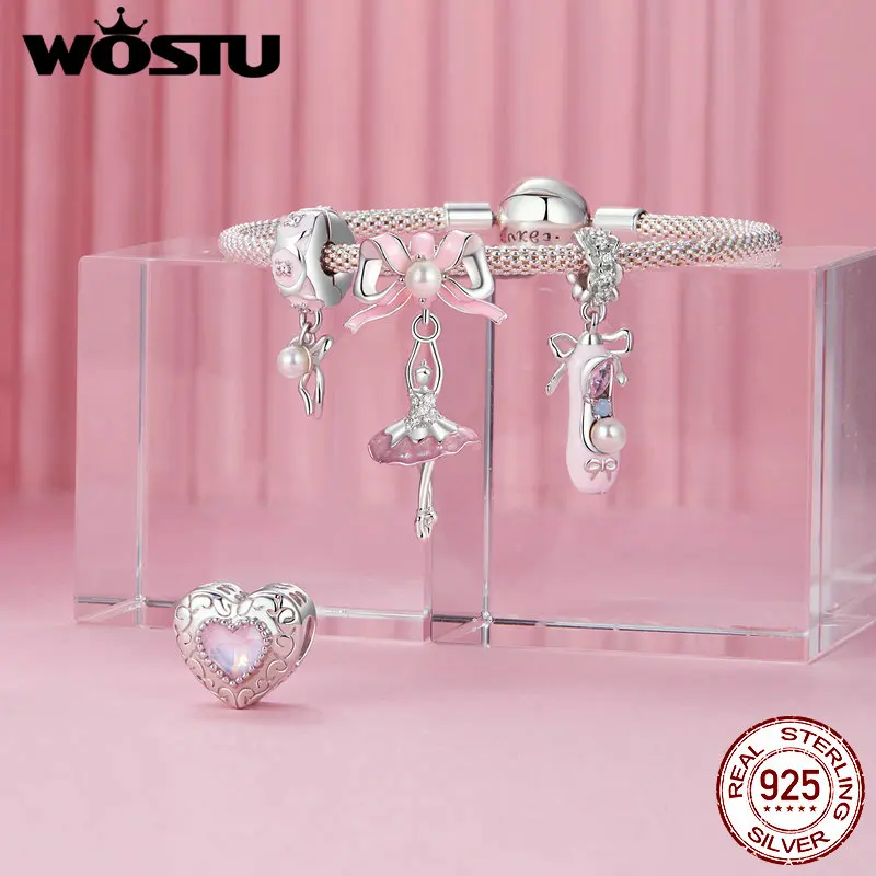 WOSTU 925 Sterling Silver Princess Pink Bear Bead Ballet Girl Charm Shoe Bow Pendant Saftey Chain Fit Bracelet Neckalce DIY Gift