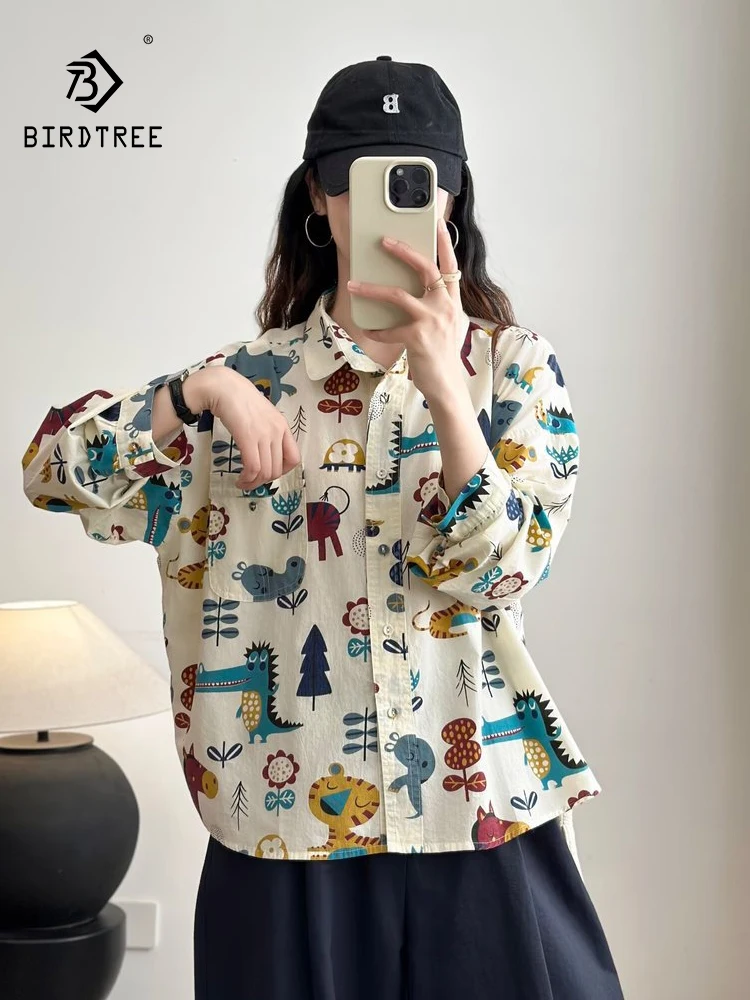 

New 2025 Autumn Cotton Long Sleeve Shirt, Women Turn-down Collar Cartoon Print, Mori Girl Age Reduction Loose Blouse T5O556CC