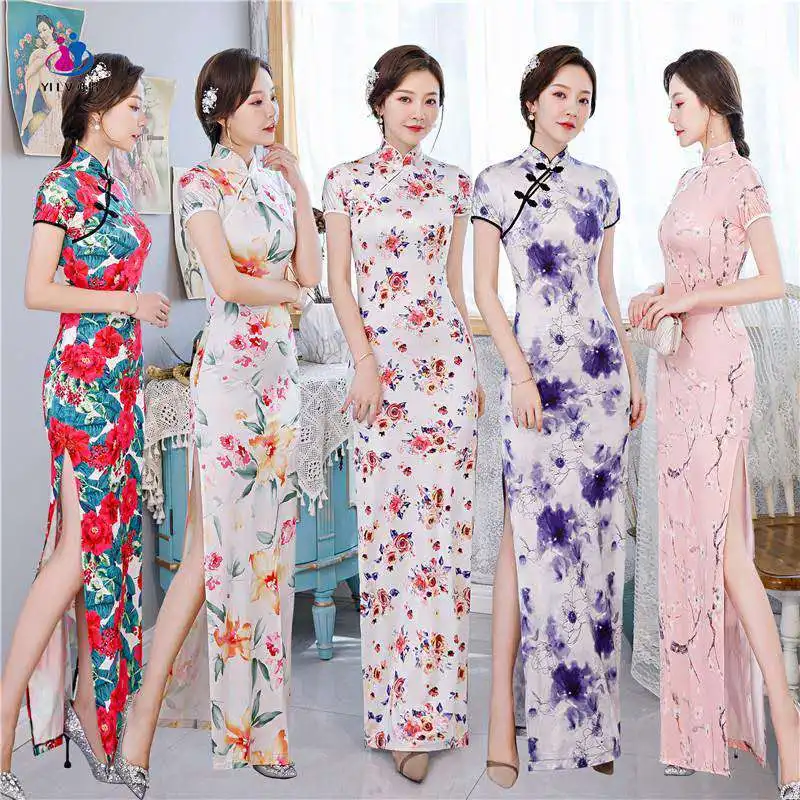 Chinese Style Retro Traditional Cheongsam Printed Qipao New Year Party Silk Long Dress Women Sexy Nightclub Hanfu Qi Pao Vintage