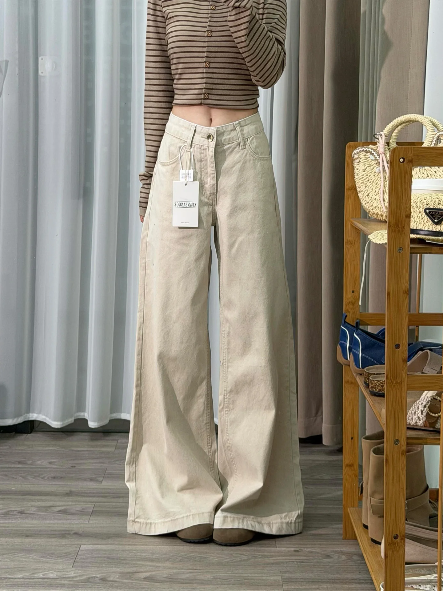 High Waist Wide Leg Denim Jeans Women's Vintage Light Tawny Washed Floor-Length Slimming Straight Cut Trousers Casual Style