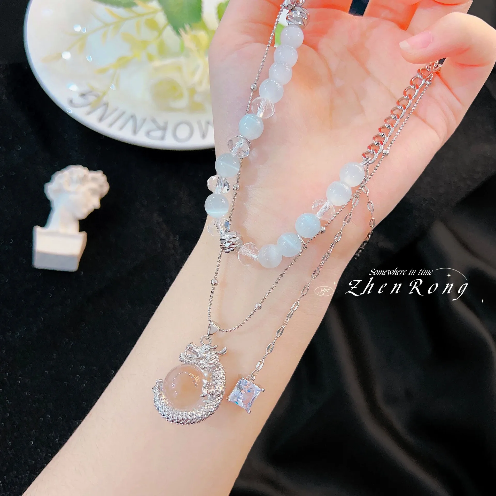 S925 Sterling Silver Homemade Handmade Beaded Necklace Retro Stacked Opal Accessory Trendy Jewelry for Daily and Party Wear