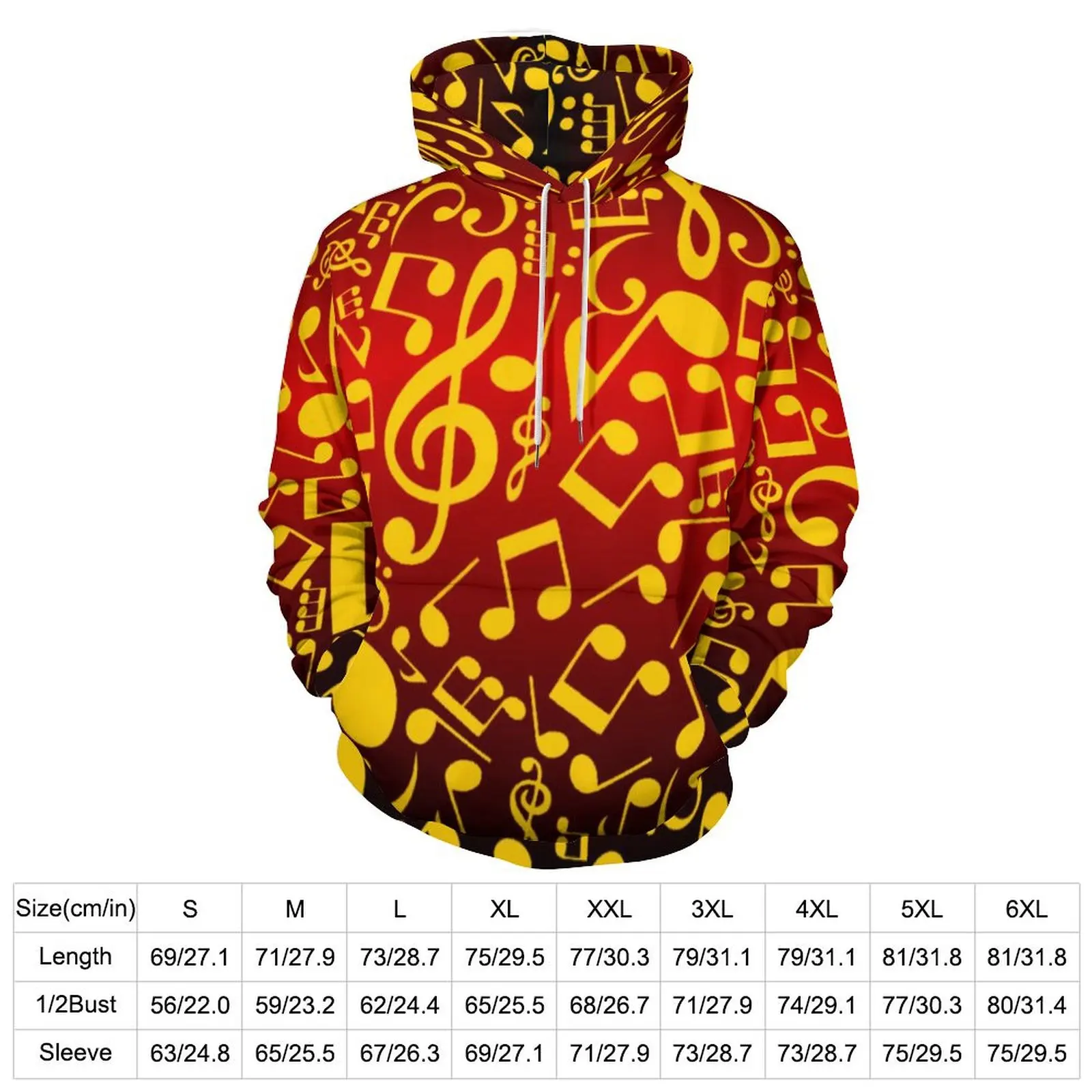 Music Notes Hoodies Red and Gold Harajuku Casual Hoodie Long-Sleeve Retro Custom Sweatshirts Gift Idea