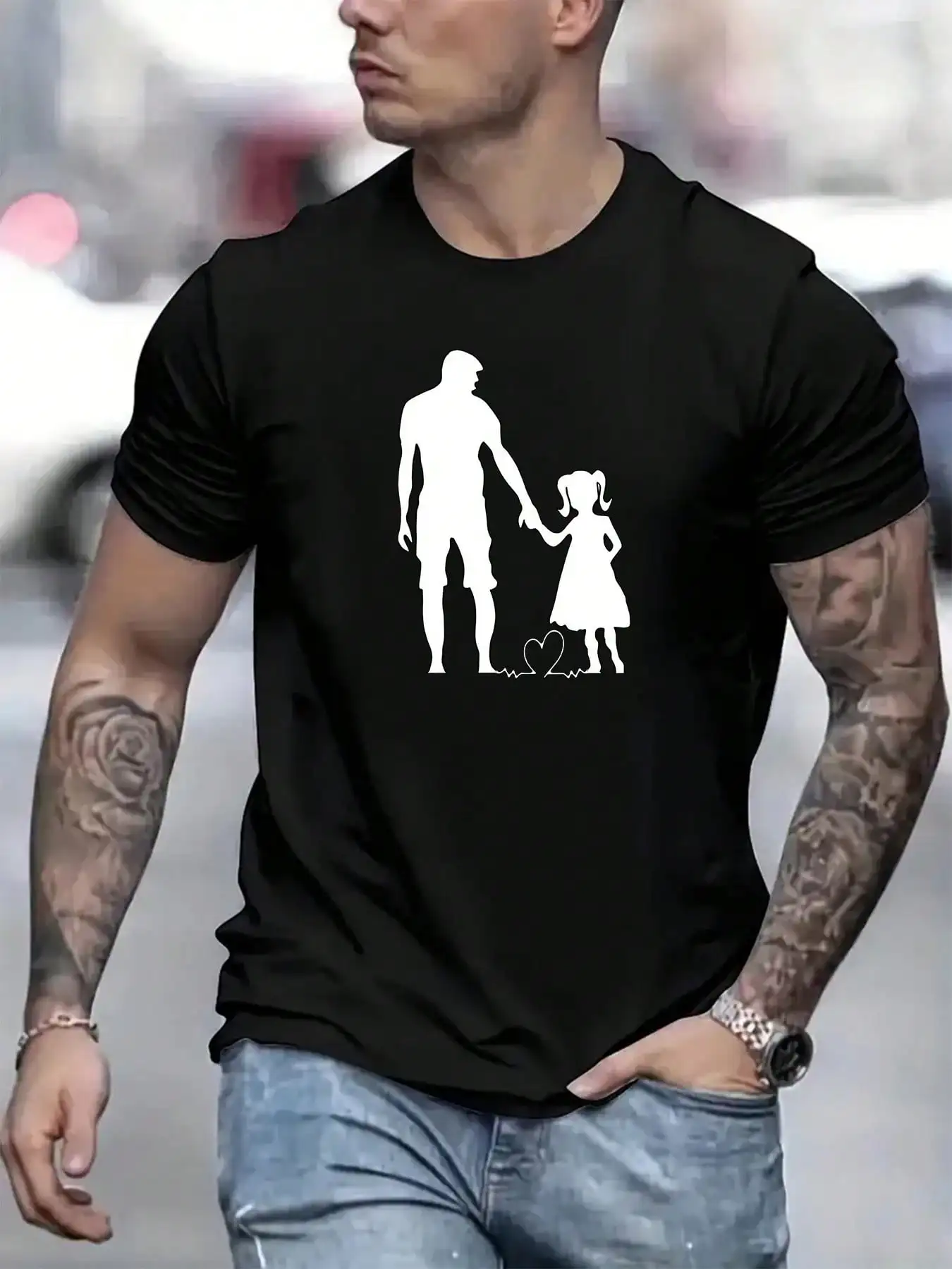 Dad And Daughter Print Men's Crew Neck Fashionable Short Sleeve Sports T-Shirt, Comfortable And Versatile For Summer And Spring
