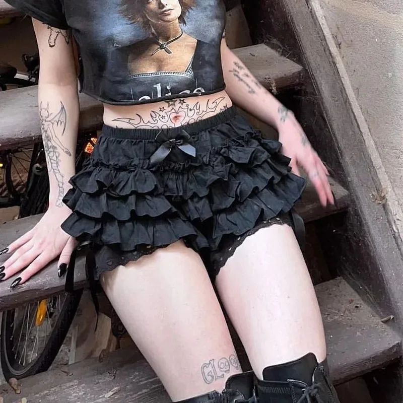 Gothic Lolita Black Lace Shorts for Women cute Sweet Bow Ruffle Bloomers Y2K E-Girl Kawaii Frilly Underwear Aesthetic