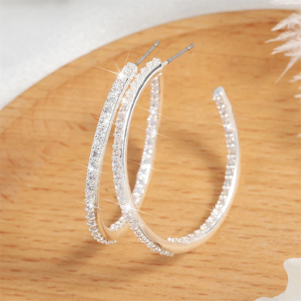 Luxury Shiny Sparkling Zircon CC Shaped Big Hoop Earrings for Women Fashion Circle Earrings Jewelry Gifts