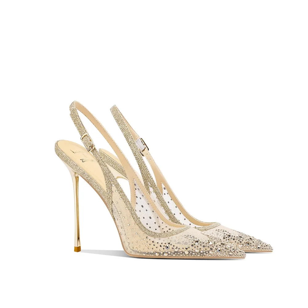 2026 Spring Summer New Women Rhinestone Pointed Toe Thin Heel Pumps Light Gold Premium Temperament Closed Toe High Heels