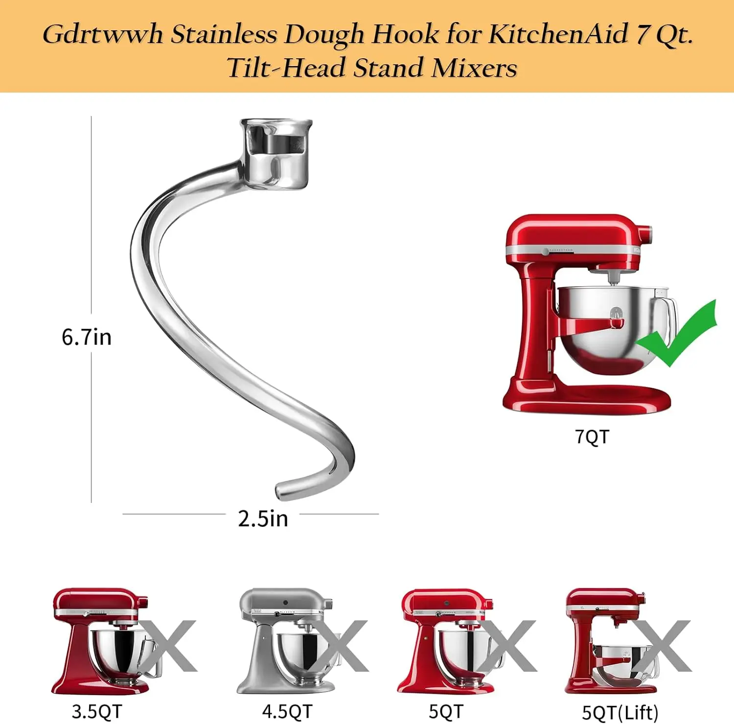 

Stainless Steel Dough Hook Attachment for KitchenAid 7 Quart Bowl Lift Stand Mixer,Replacement Parts Bread Hook, Dishwasher Safe