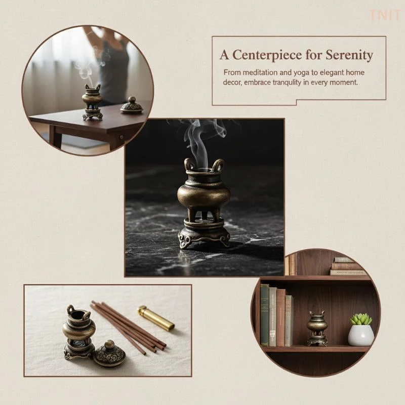 [J] Retro Brass Mini Tripod Incense Burner Holder Vintage Small Treasure Decorative Desktop Ornament For Home Office Tea Room