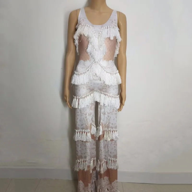 

Women Printed Tassel Sleeveless Wide Leg Jumpsuit Singer Bar Concert Stage Costume Birthday Party Performance Rompers Sexy