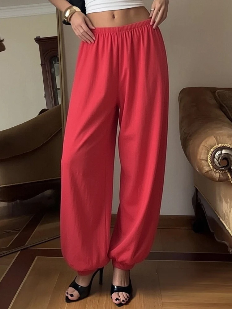 Wide Leg Red Pants For Women Cotton Long Bloomers White Autumn Elastic Waist Lantern Trousers Women Straight Practice Pants Lady
