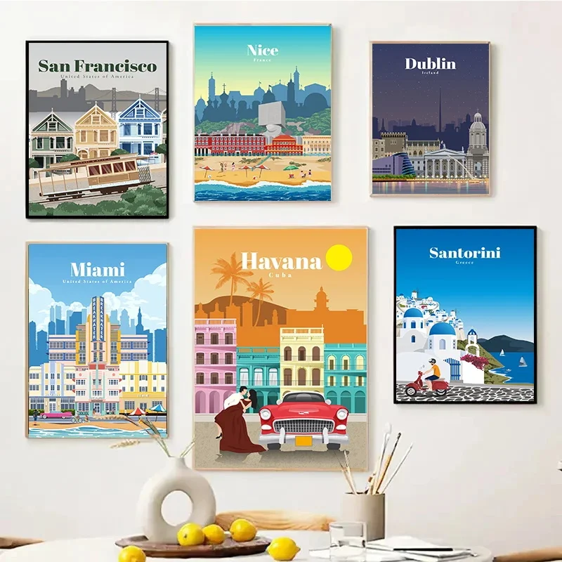 المدن السياحية العالمية الشهيرة المشارك يطبع لندن مدينة نيويورك السفر الرسم على لوحات القماش الجدارية صورة ديكور غرفة المعيشة المنزلي #2