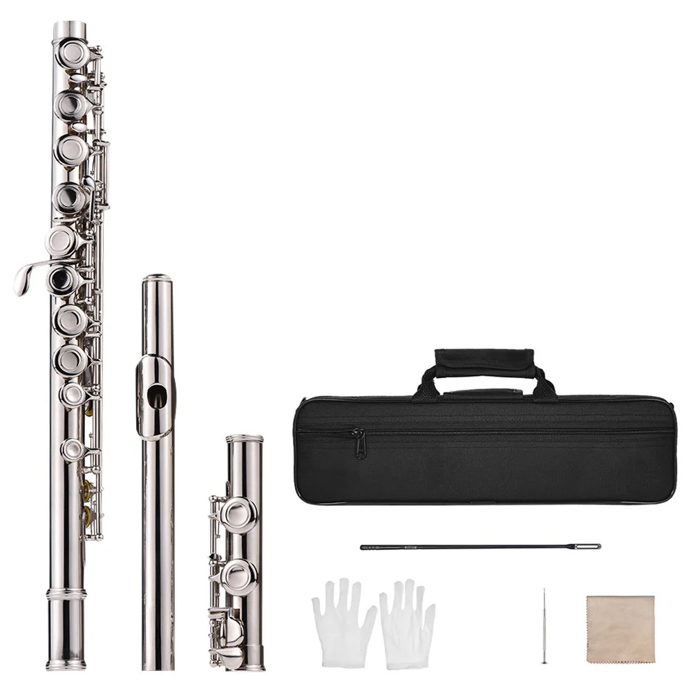 

Western Concert Flute Nickel Plated 16 Holes C Key Cupronickel Woodwind Instrument with Cleaning Cloth Stick Gloves Padded Bag