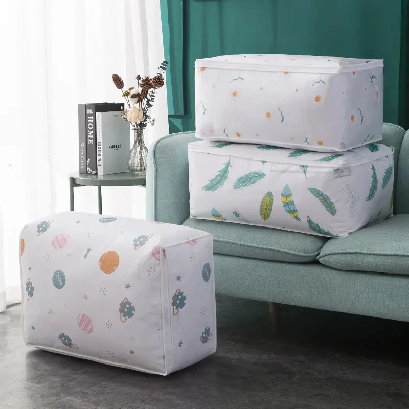 Hot‑selling Foldable Feather Print Quilt Storage Bag Multi‑use Clothes Pillow Blanket Organizer Home Travel Luggage Supplies 1pc