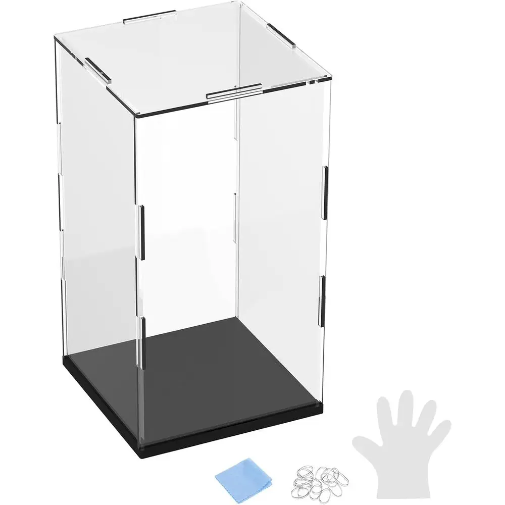 

Clear Acrylic Display Case with Black Wooden Base, 3.9x3.9x7.9 Inch, Ideal for Collectibles and Showcases