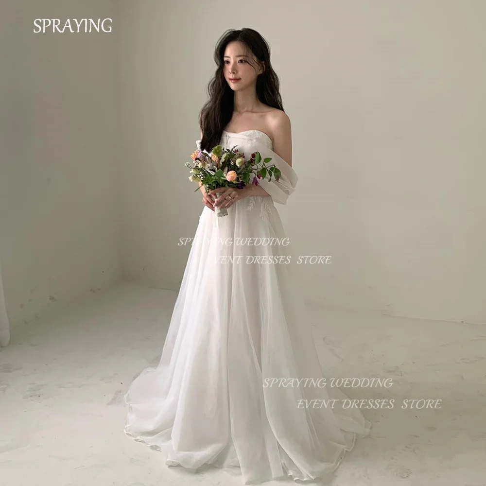 

SPRAYING Wedding Shooting Dresses Korea Off the Shoulder A-line Sweep Train Bridal Gown Custom Made Lace 웨딩촬영드레스 Floor-Length