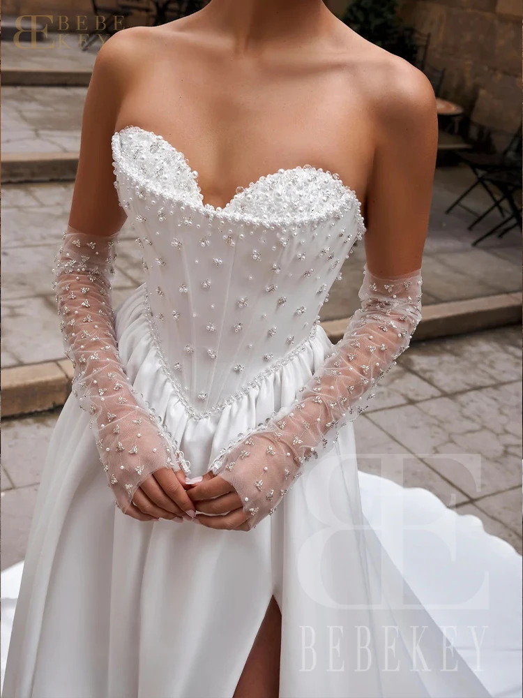 BEBEKEY فساتين زفاف مطرزة باللؤلؤ على شكل قلب على شكل حرف a فستان زفاف رسمي مخصص بأكمام طويلة فيستدوس دي نوفيا