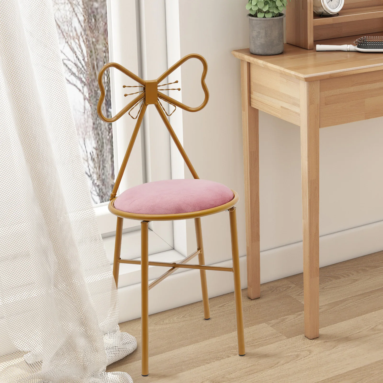 

Butterfly Backrest Makeup Chair Pink Tie Vanity Dressing Stool Chair Metal Frame Lounge Dresser Seat